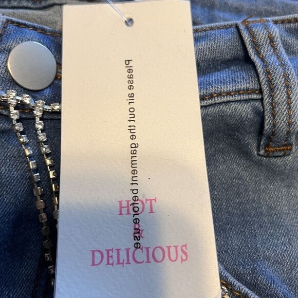 Hot & Delicious Rhinestone Fringe Jeans Y2K Inspired Distressed Womens Small NWT - Picture 14 of 16